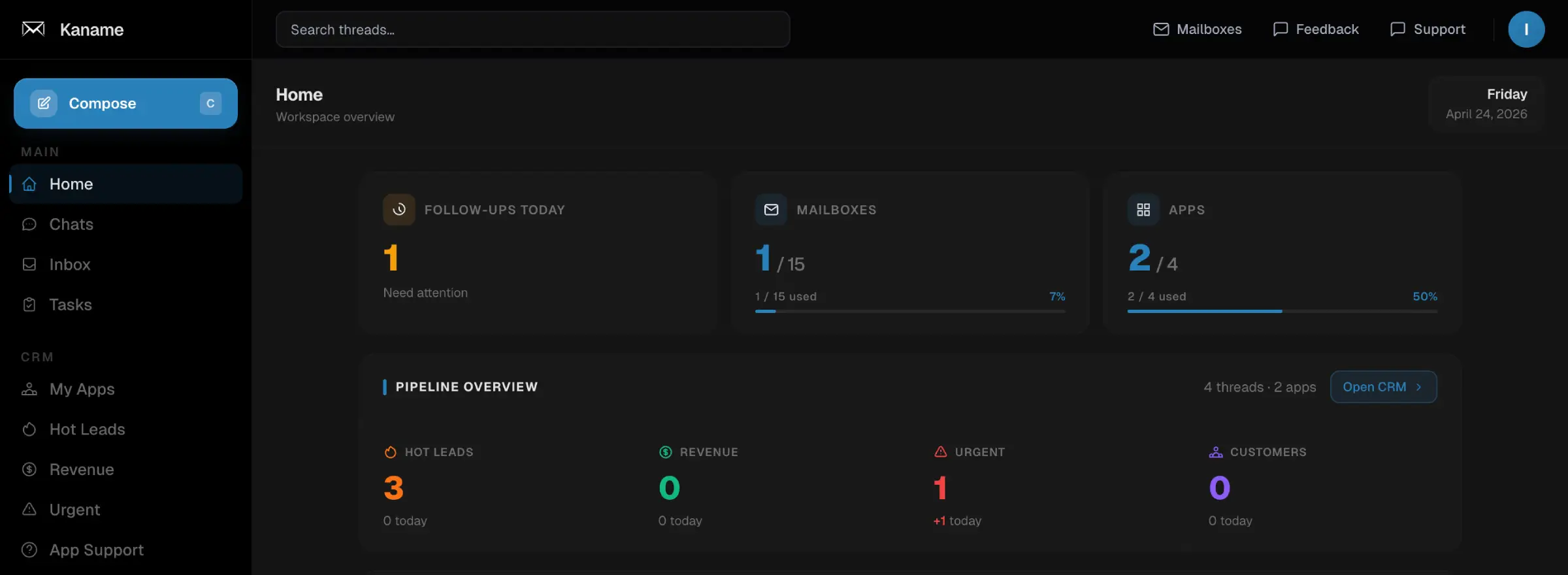 Kaname inbox dashboard
